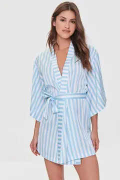 Forever 21 Forever 21 Striped Satin Robe Ivory/Sky Blue. 2