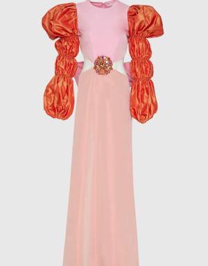 Decollete Waist and Embroidered Detailed Pink Long Dress