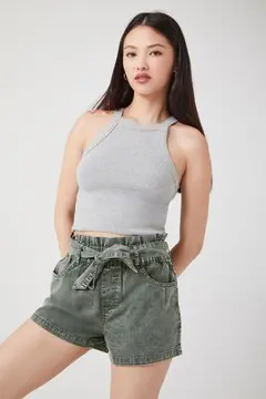 Forever 21 Forever 21 Tie Waist Twill Paperbag Shorts Olive. 2