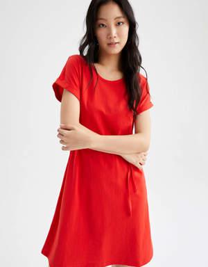 Basic Beli Bağcıklı Yazlık Kısa Kollu Mini Elbise