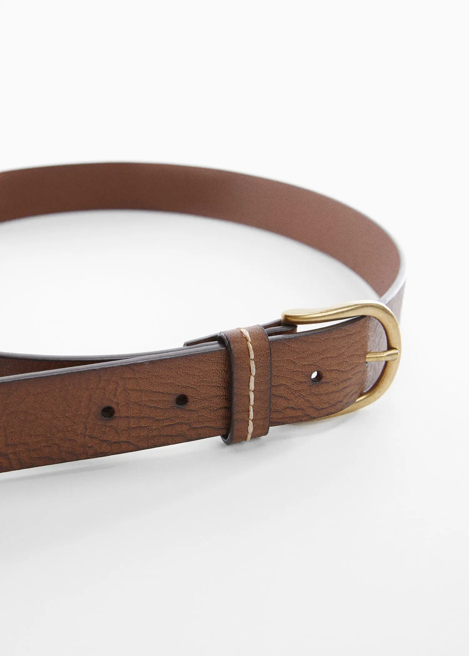 Mango Pebbled leather belt. a close-up of a brown leather belt with a brass buckle. 