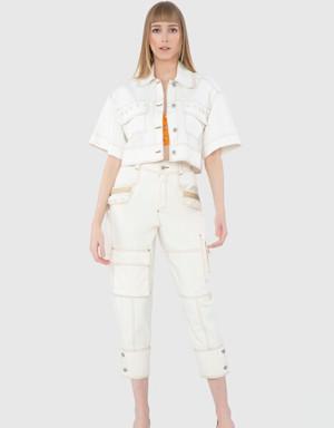 Short Sleeve Crop White Jacket With Embroidery Detailed Pockets