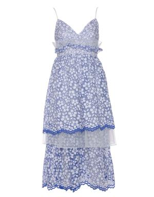 Ruffle Detailed Blue Midi Evening Dress With Lace Thin Straps
