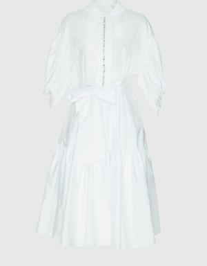 Organza Detailed Sleeves Voluminous Poplin White Dress