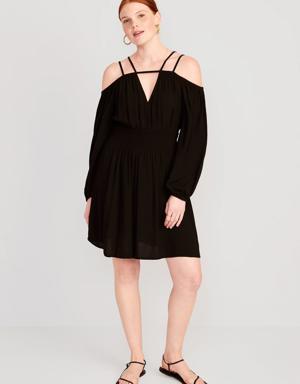 Waist-Defined Cold-Shoulder Cutout Smocked Mini Dress for Women black