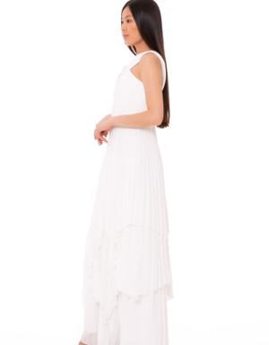 Stone Embroidered Detailed Long White Dress