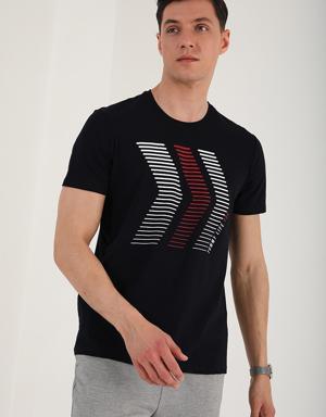 Lacivert Karışık Harf Rakam Baskılı Rahat Form O Yaka Erkek T-Shirt - 87960