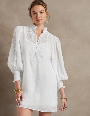 Petite Embroidered Ramie Dress white
