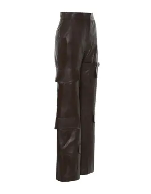 Metal Toka Detaylı Kargo Cepli Boru Paça Kahverengi Deri Pantolon