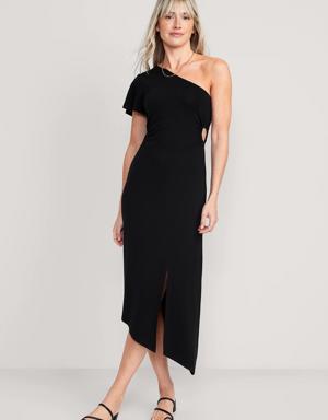 Fitted One-Shoulder Asymmetric Cutout Midi Dress for Women black