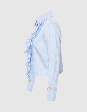 Collar Brooch Sleeve Detailed Pleated Ruffled Blue Shirt