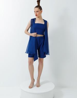 3-Piece Navy Linen Suit with a Crop Top and Double Leg Comfortable Cut Shorts with a Chiffon Vest