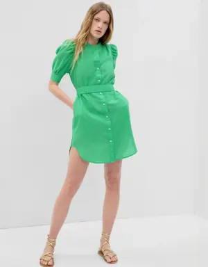 Puff Sleeve Linen-Cotton Shirtdress green