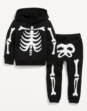 Unisex Skeleton Hoodie & Functional Drawstring Sweatpants Set for Toddler black
