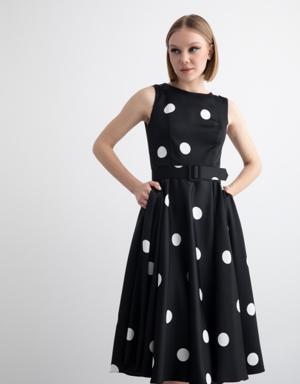 Sleeveless Polka Dot Patterned Black Midi Length Dress With Wide Collar