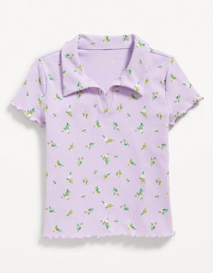 Rib-Knit Collared Lettuce-Edge Shirt for Girls purple