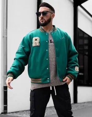 Forever 21 Embroidered Varsity Letterman Jacket Hunter Green