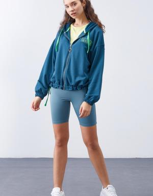 Zümrüt Kapüşonlu Renkli Bağcıklı Fermuarlı Kadın Oversize Sweatshirt - 97176