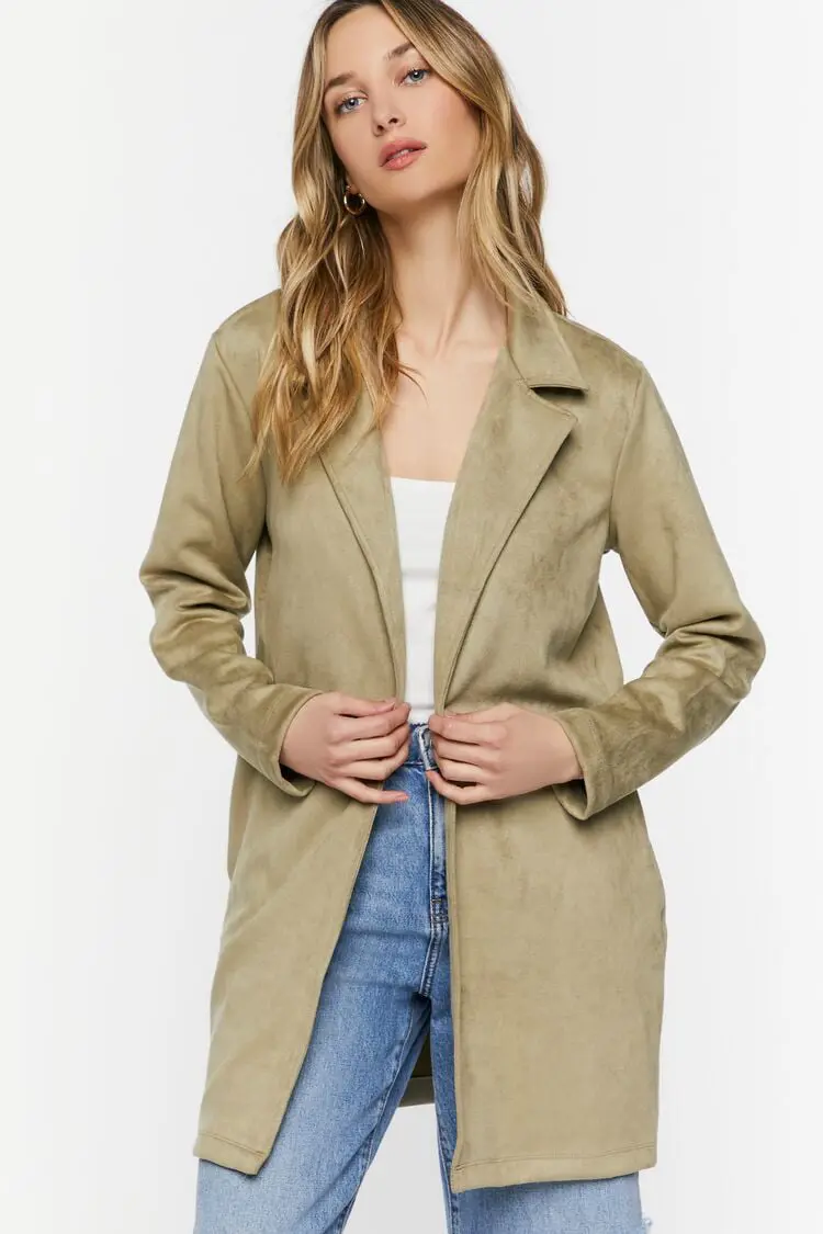 Forever 21 Forever 21 Faux Suede Open Front Longline Jacket Light Olive. 1