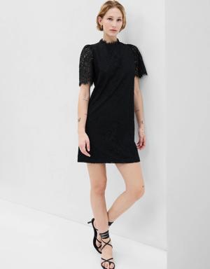 Puff Sleeve Ruffle Neck Lace Mini Dress black