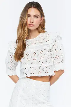 Forever 21 Forever 21 Floral Eyelet Top &amp; Shorts Set White. 2