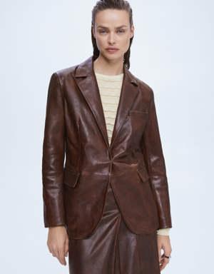 Worn-effect leather jacket