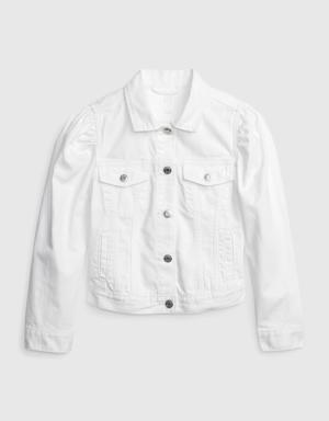 Kids Puff Sleeve Icon Denim Jacket with Washwell white