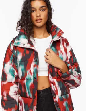 Forever 21 Watercolor Print Puffer Jacket Red/Multi