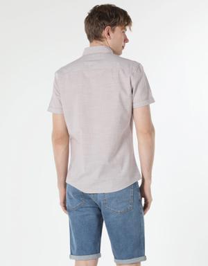 Slim Fit Shirt Neck Çizgili Bej Erkek Kısa Kol Gömlek