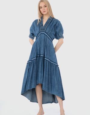 Stitching Detailed V-Neck Pleated Midi Length Blue Jean Dress