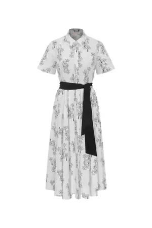 Roman Floral Slit Waist Belted Dress Black-White. 1