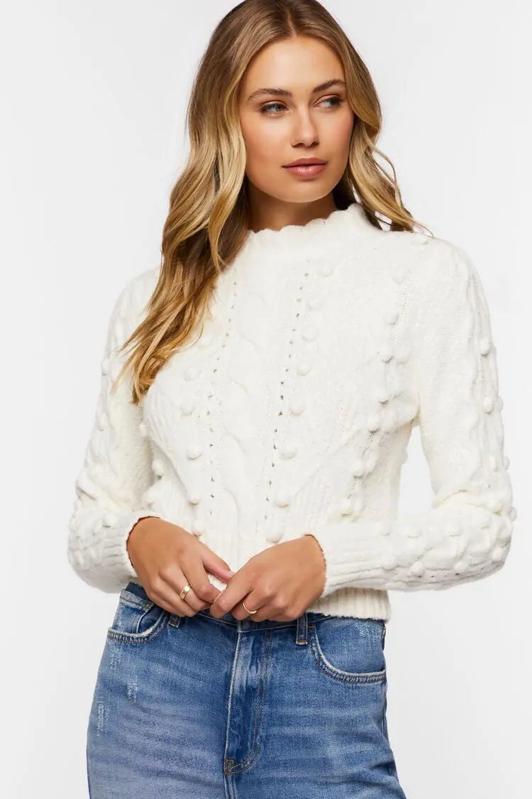 Forever 21 Forever 21 Ball Knit Mock Neck Sweater Cream. 1