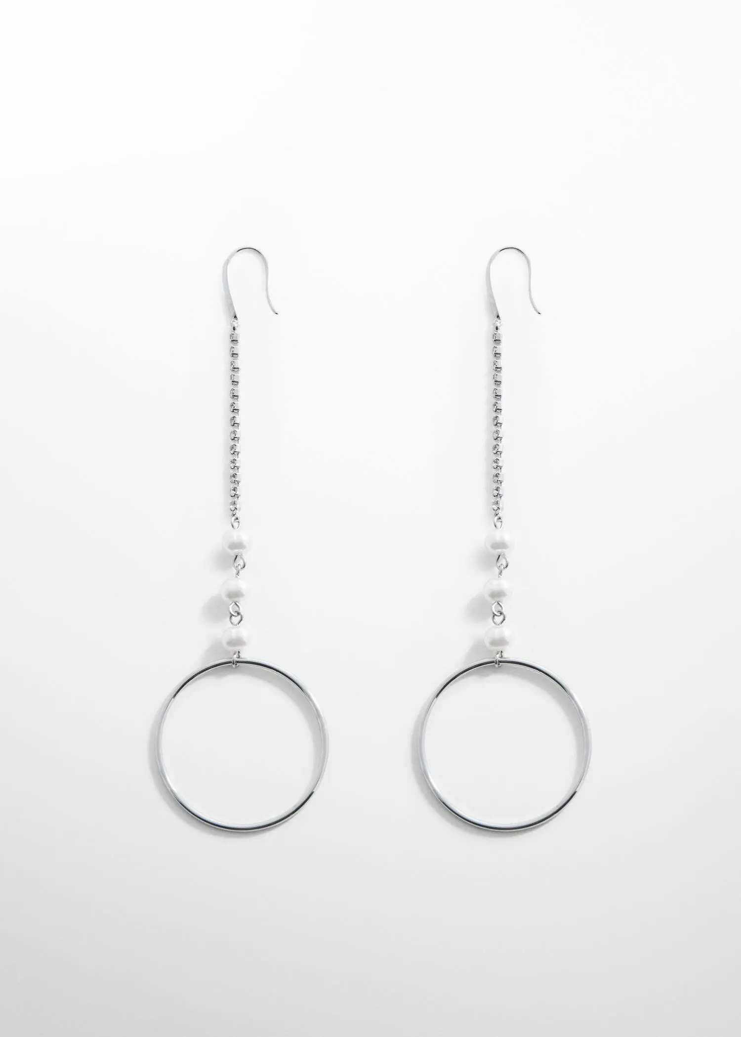 Mango Rhinestone thread hoop earrings. a pair of silver earrings hanging from a chain. 