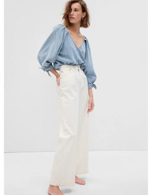 Denim Balloon Sleeve Top with Washwell blue