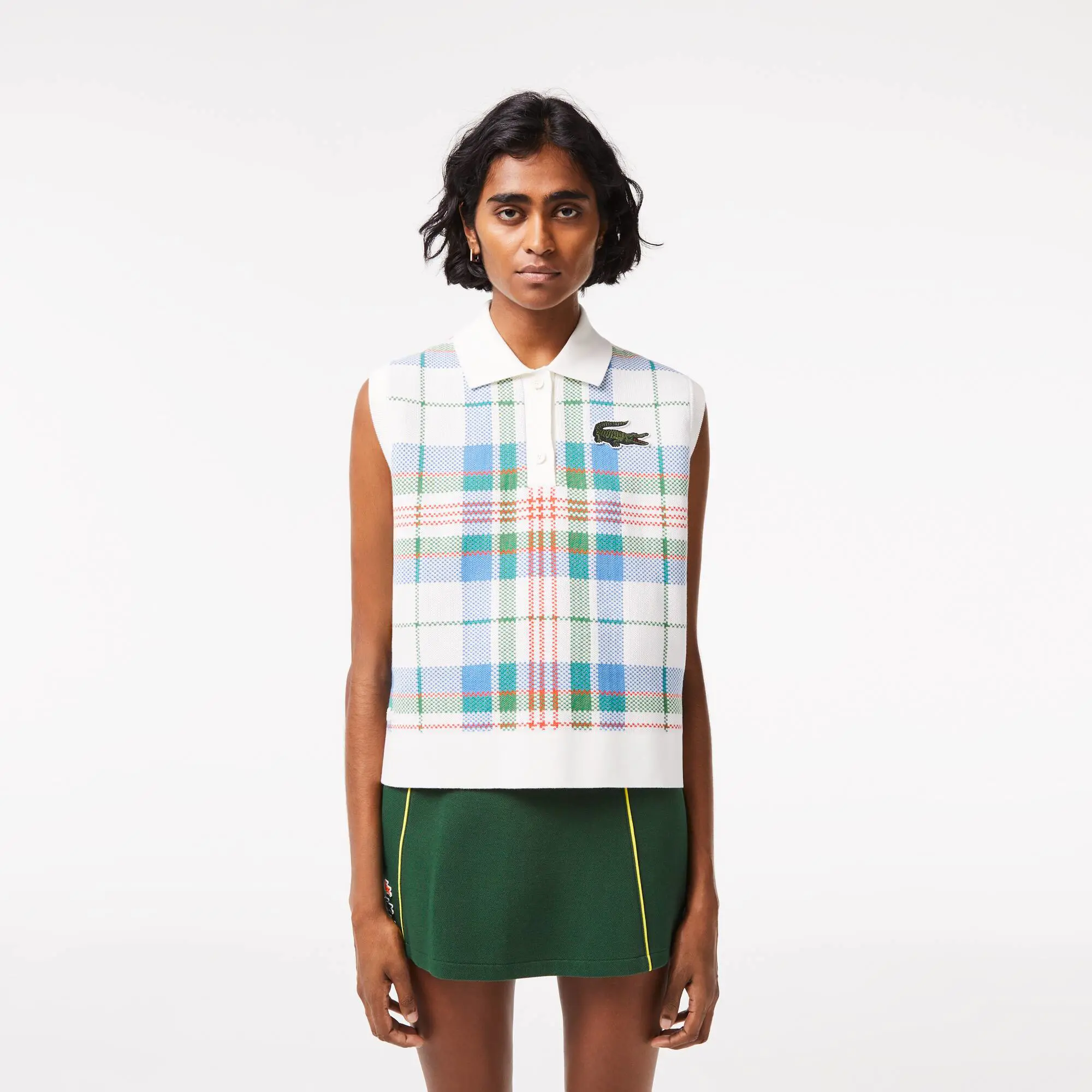 Lacoste Women’s Lacoste Sleeveless Organic Cotton Check Polo Shirt. 1