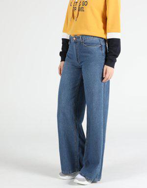 Vıta Orta Bel Wide Leg Regular Fit Mavi Kadın Jean Pantolon