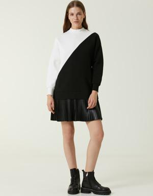 Siyah Beyaz Bloklu Deri Garnili Mini Elbise