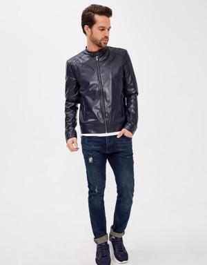 Hakim Yaka Deri Görünümlü Slim Fit Mont
