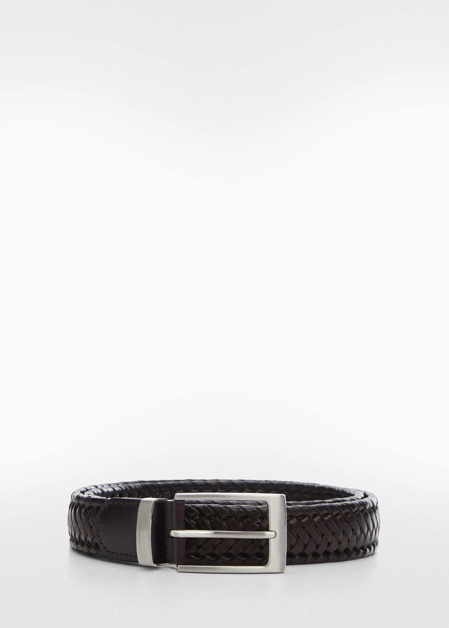 Mango Braided leather belt. a brown belt with a silver buckle on a white background 