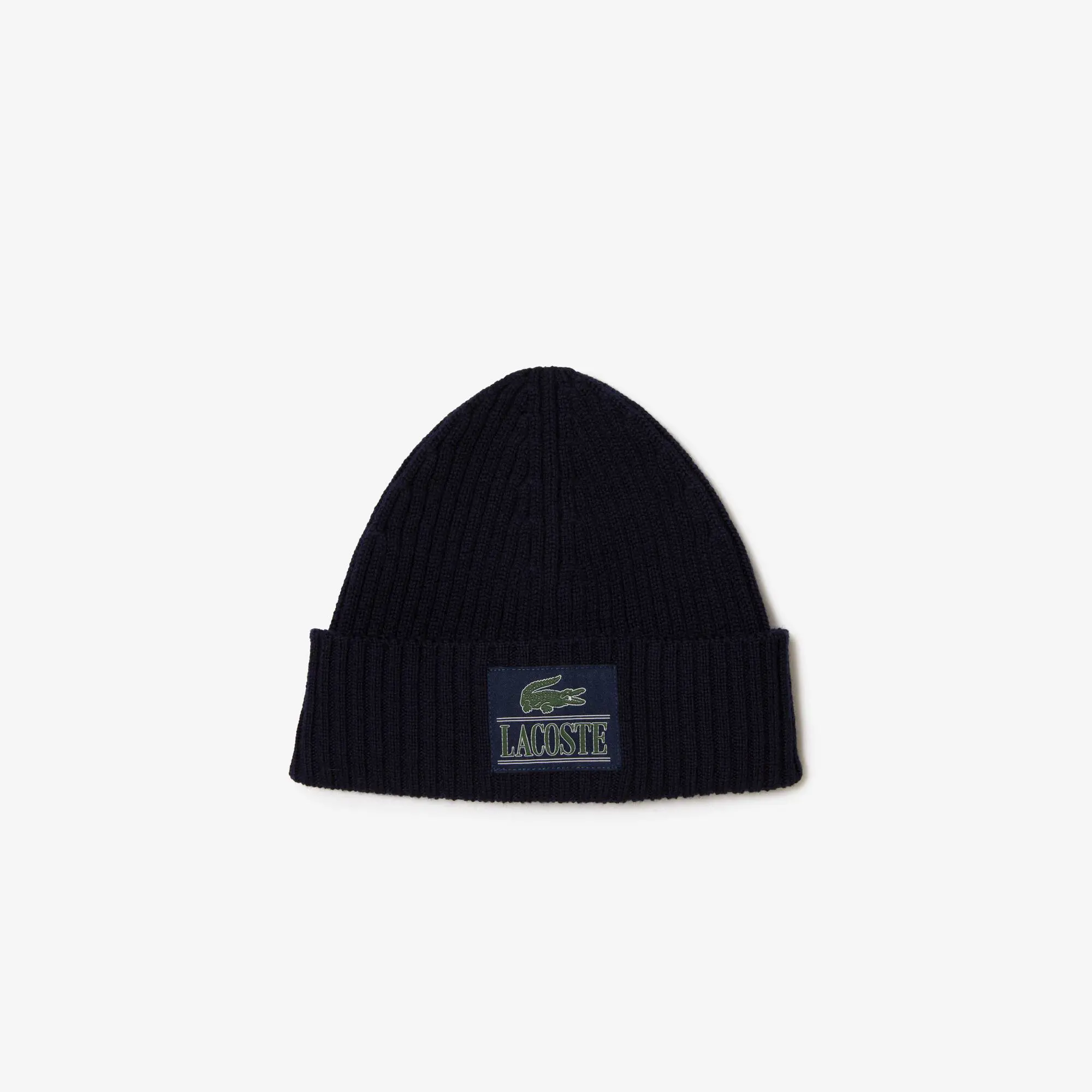 Lacoste Ribbed Wool Woven Patch Beanie. 1