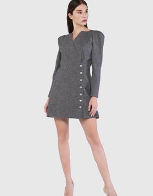 Buttoned Pleated Shoulder Detailed Gray Dress