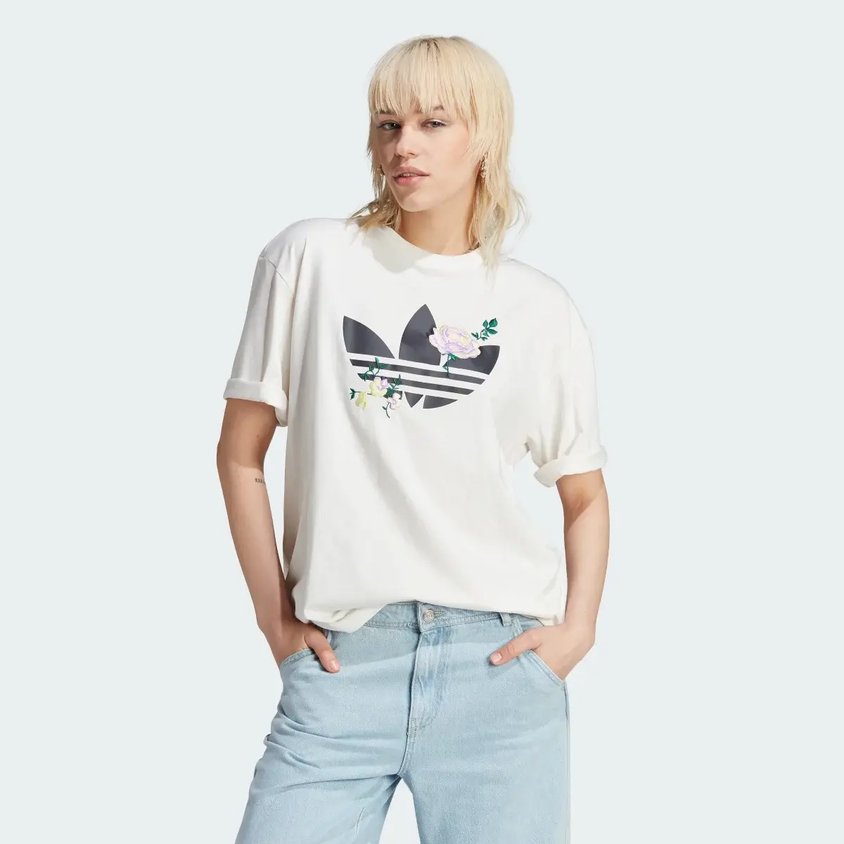 Adidas Embroidered Flower Trefoil Tee. 2