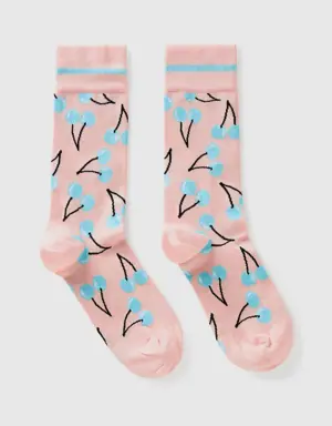 socks with light blue cherry pattern