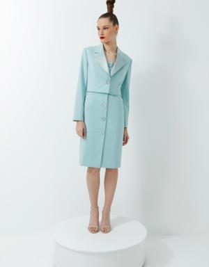 Mint Color Square Collar Stone Detailed Midi Length Pencil Dress And Satin Collar Detailed Crop Jacket Suit