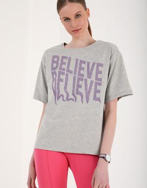 Gri Melanj Deforme Yazı Baskılı O Yaka Oversize Kadın T-Shirt - 97139