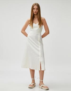 Midi Elbise İnce Askılı Yırtmaçlı Önü Düğmeli Keten Karışımlı