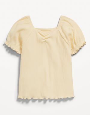 Puff-Sleeve Lettuce-Edge Rib-Knit Top for Toddler Girls yellow