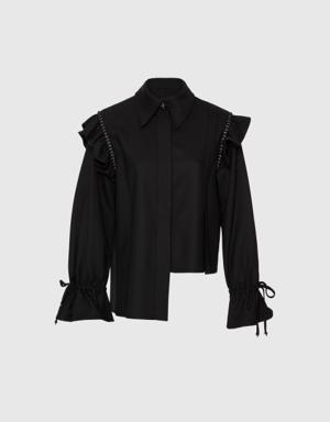 Asymmetrical Cut Black Shirt with Flounce Detail on the Sleeves