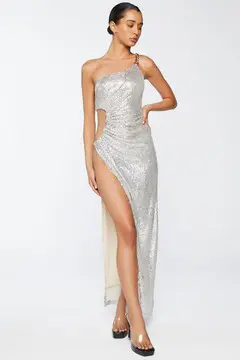 Forever 21 Forever 21 Sequin One Shoulder Gown Silver. 2