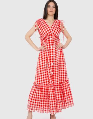 Red Gingham Pattern V-Neck Long Dress